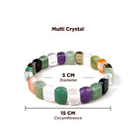 Multicolored crystal bracelet with measurements on a white background