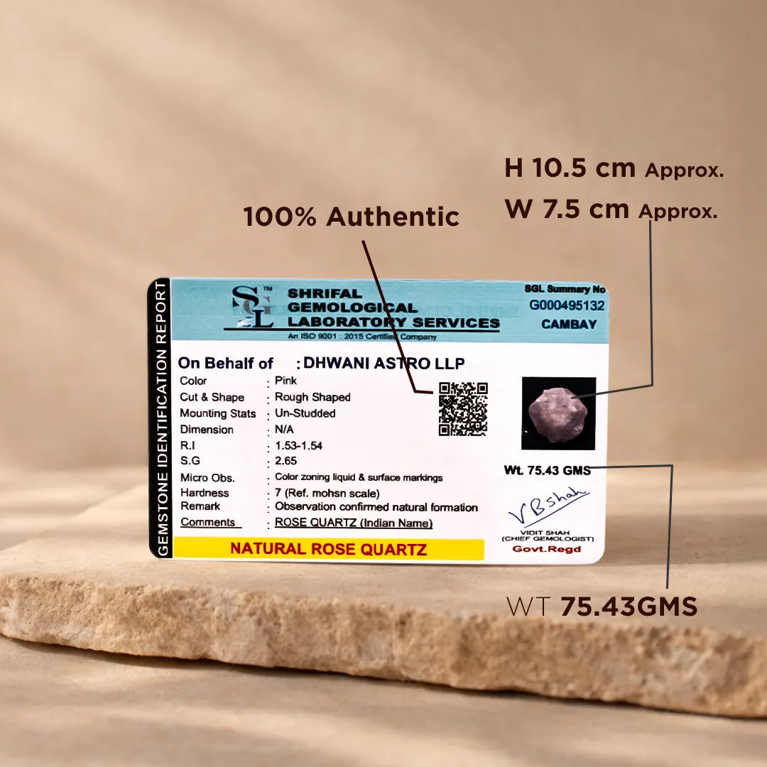 Shriful Gemological Laboratory Services identification card on a wooden surface with measurements and text.