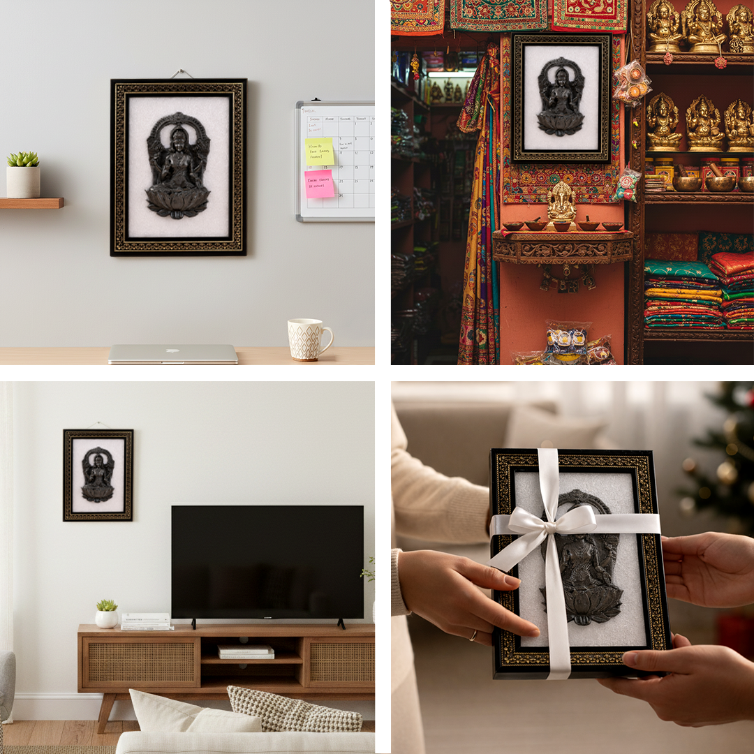 Collage of a framed Buddha statue in various settings including a home office, a temple, a living room, and being held by hands.