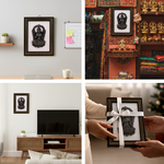Collage of a framed Buddha statue in various settings including a home office, a temple, a living room, and being held by hands.