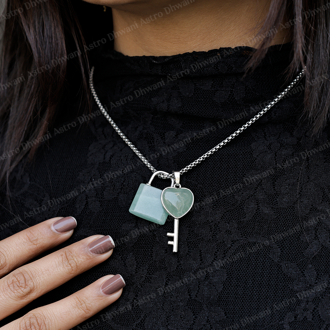Green Aventurine Lock And Key Pendant -Abhimantrit & Certified