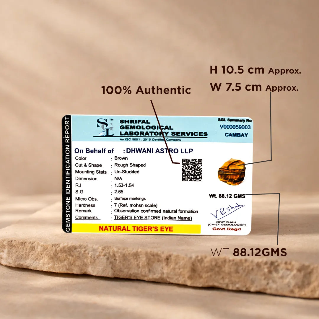 Gemstone identification report with tiger's eye stone on a beige background