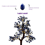 Decorative tree with lapis lazuli stones, featuring text about its properties on a white background.