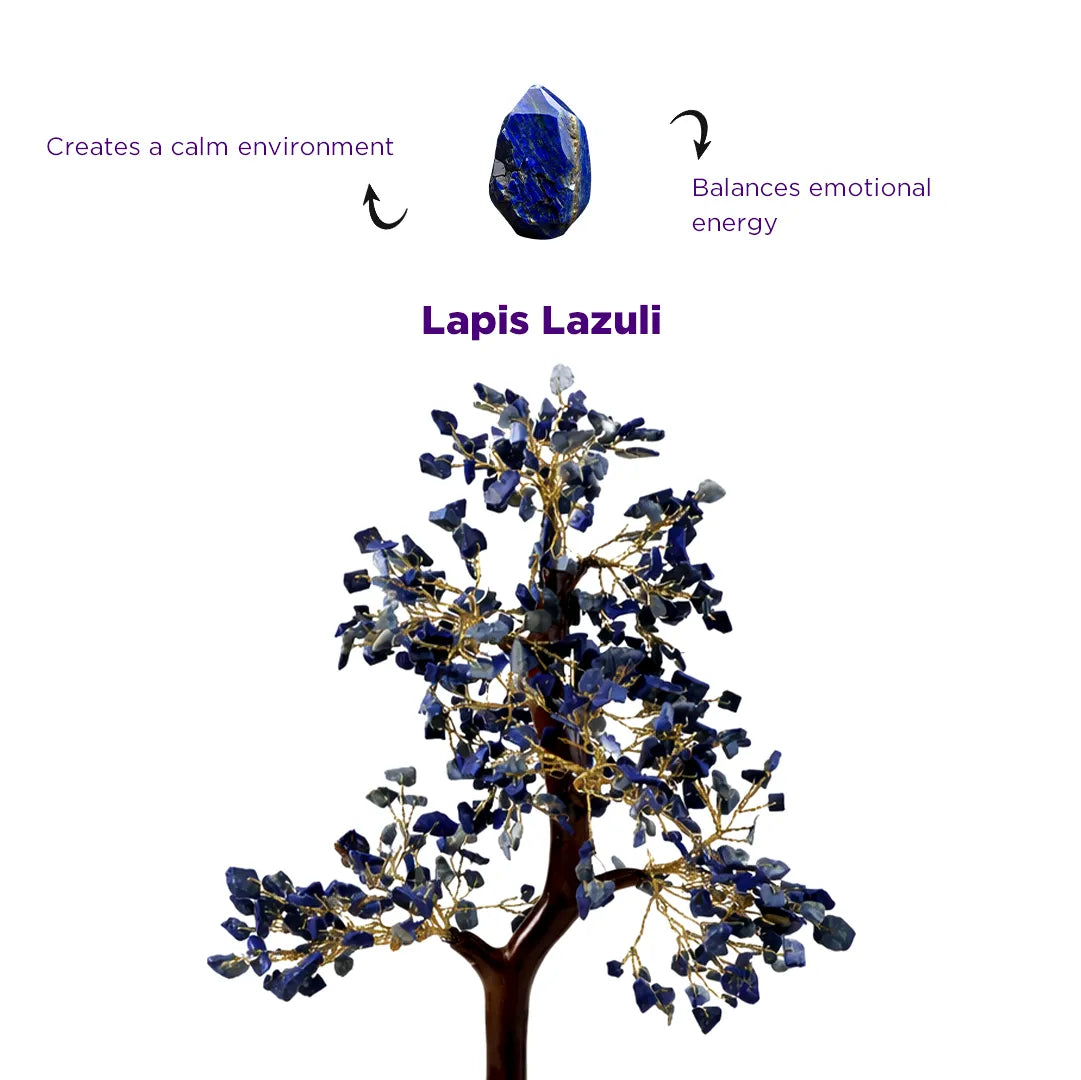 Decorative tree with lapis lazuli stones, featuring text about its properties on a white background.Lapis Lazuli Crystal Tree – Wisdom, Communication & Confidence