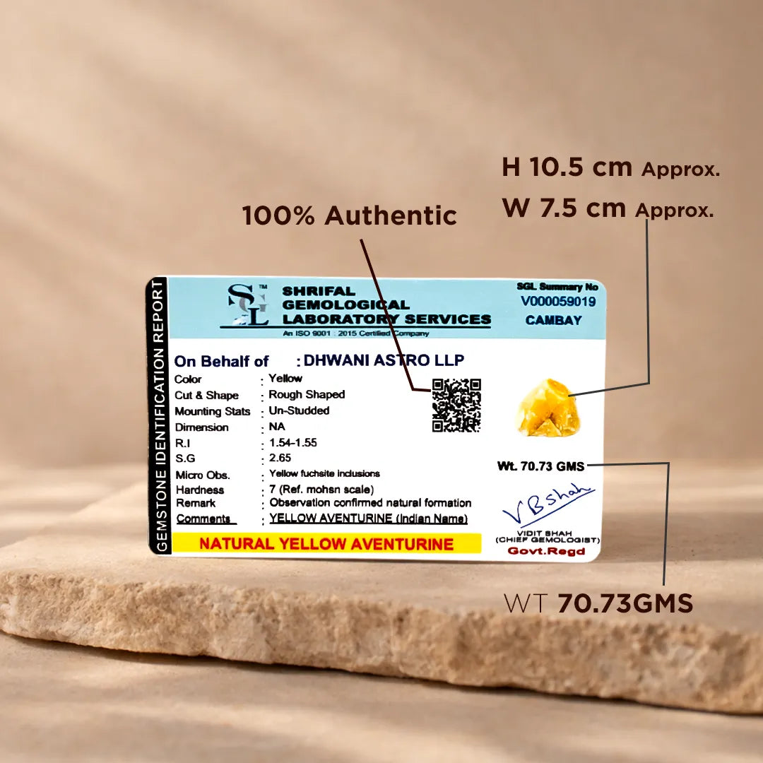 Shriful Gemological Laboratory Services certificate for a natural yellow aventurine stone on a beige background.