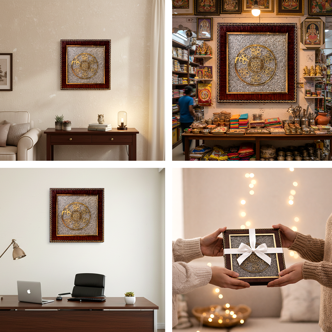 Decorative wall art displayed in various settings including a home office and a store.Numerology Healing Yantra Raw Pyrite Frame - Energy Balance & Prosperity Frame