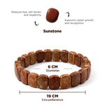 Sunstone bracelet with measurements and properties on a white background