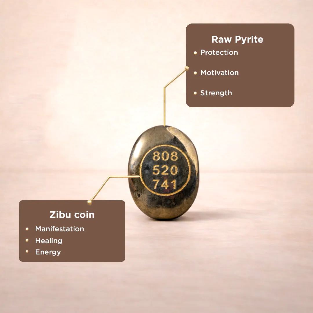 Raw pyrite stone with engraved numbers on a pink background, accompanied by text labels.Pyrite Zibu Coin – Abhimantrit for Wealth Protection