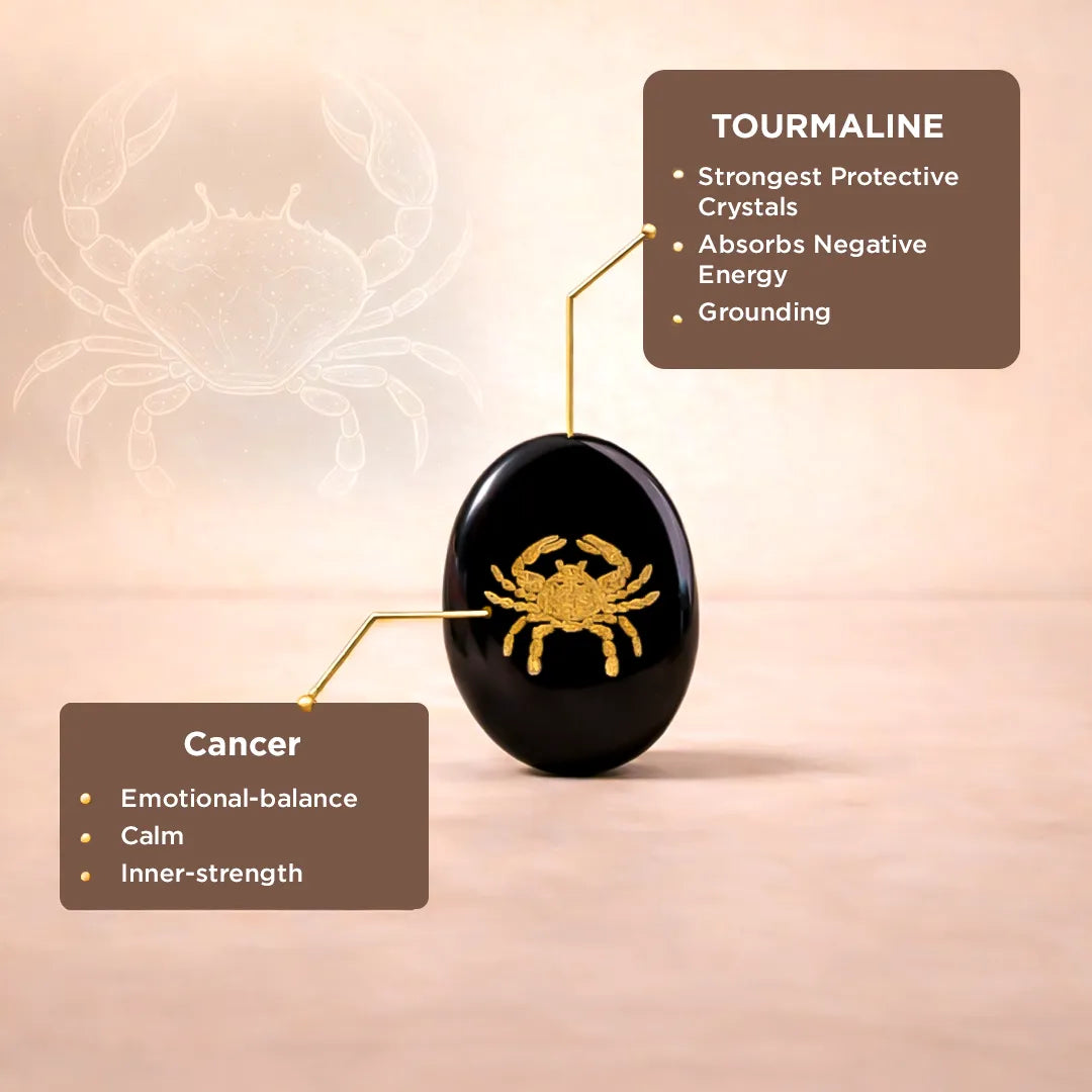 Black tourmaline crystal with a gold crab symbol on a beige background, labeled for cancer zodiac sign.Cancer Zodiac Sign Coin – Abhimantrit Astrology Coin for Emotional Strength