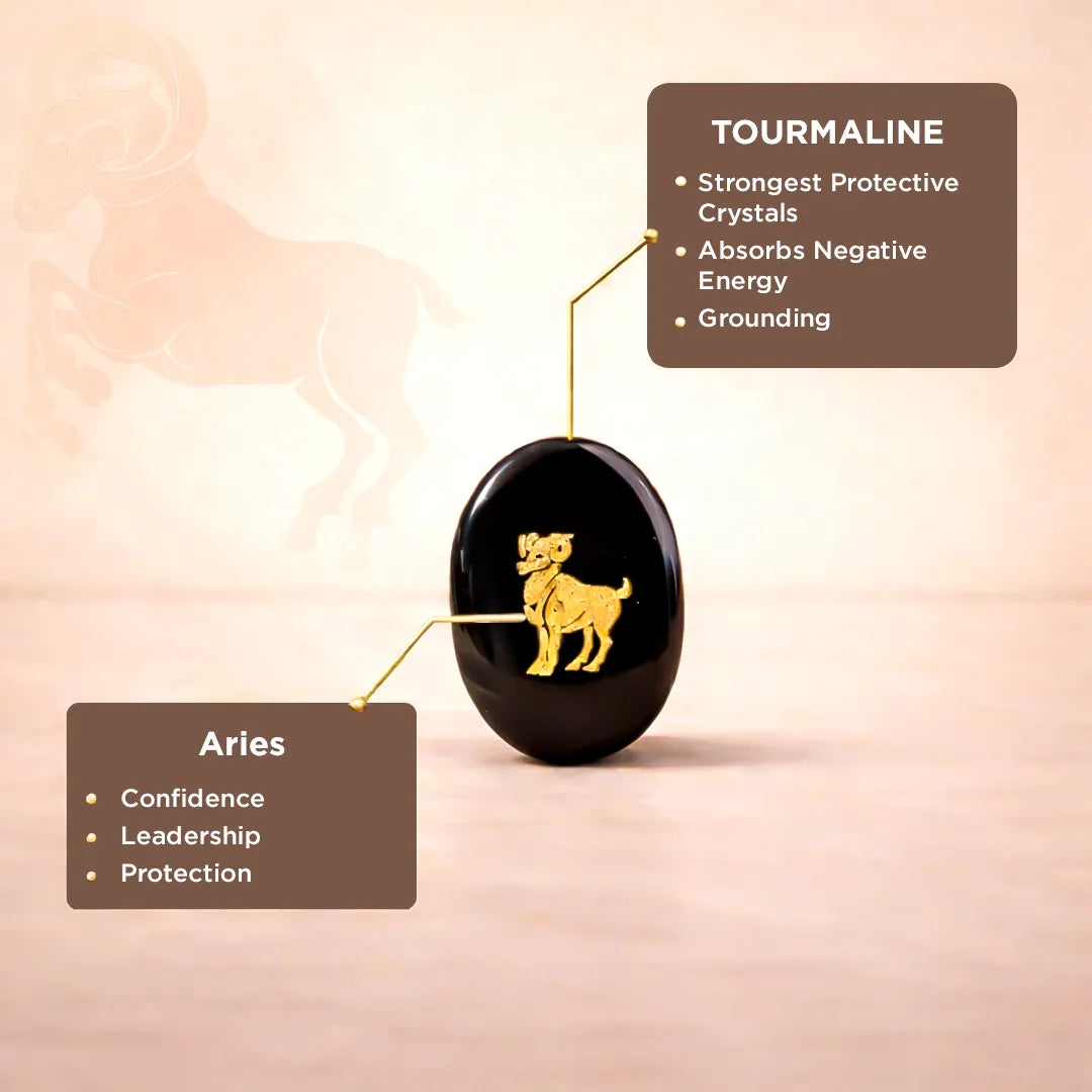 Black tourmaline crystal with Aries symbol and associated qualities on a beige background