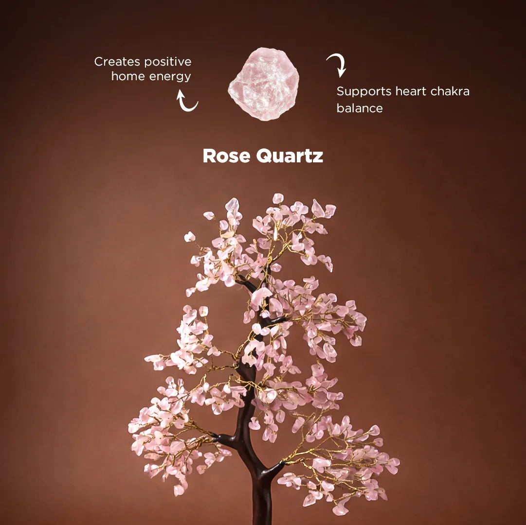 Rose Quartz crystal with tree illustration on a brown background