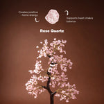 Rose Quartz crystal with tree illustration on a brown background