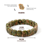 Unakite stone bracelet with measurements and properties on a white background