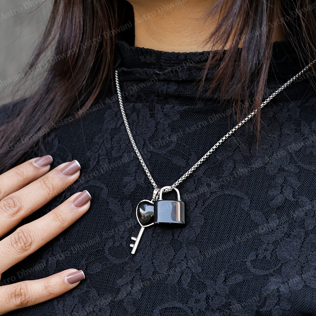 Black Obsidian Lock And Key Pendant -Abhimantrit & Certified