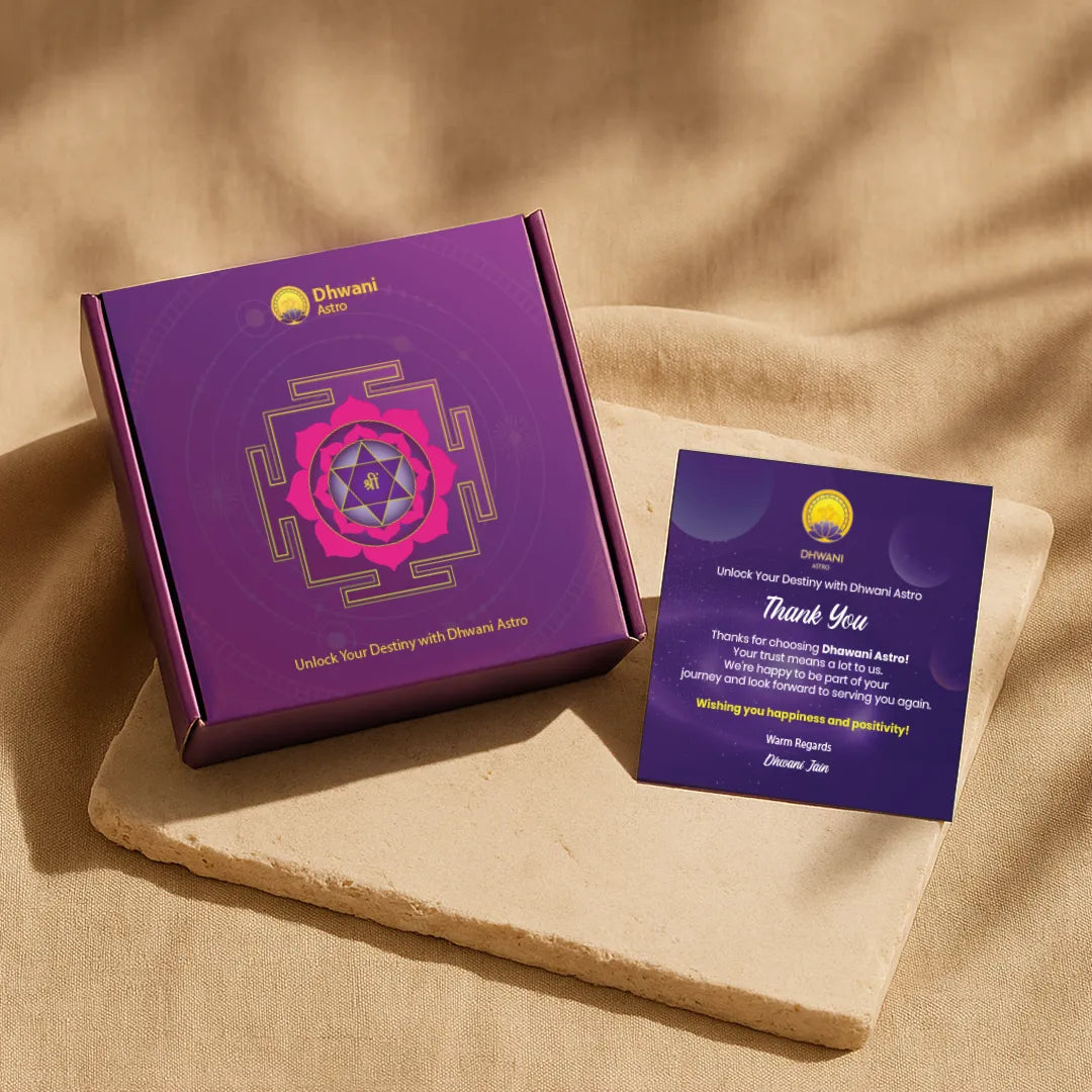 Purple box with a pink design and a matching card on a beige surfaceLabradorite Ring: Awaken Your Inner Power & Open Your Third Eye Chakra