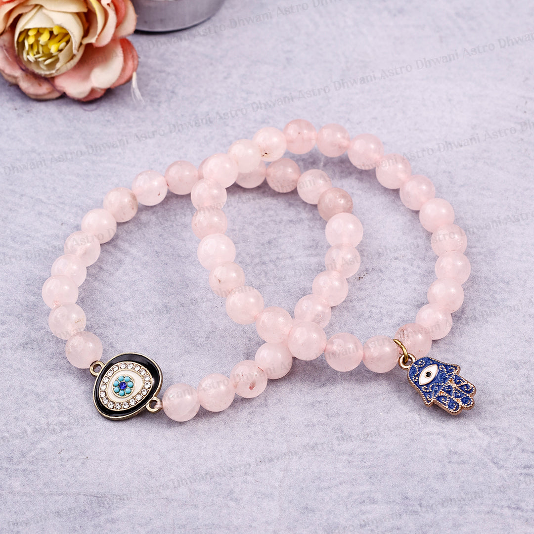 Rose Quartz Bracelet with Evil Eye & Hamsa Hand Charm Combo - Abhimantrit & Certified