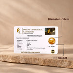 Identification report card for a natural yellow quartz stone with lab details on a beige background