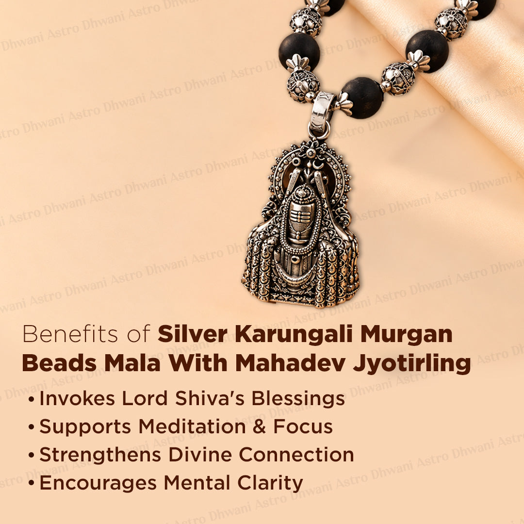 Silver Karungali Om Beads Mala With Mahadev Jyotirling Pendant