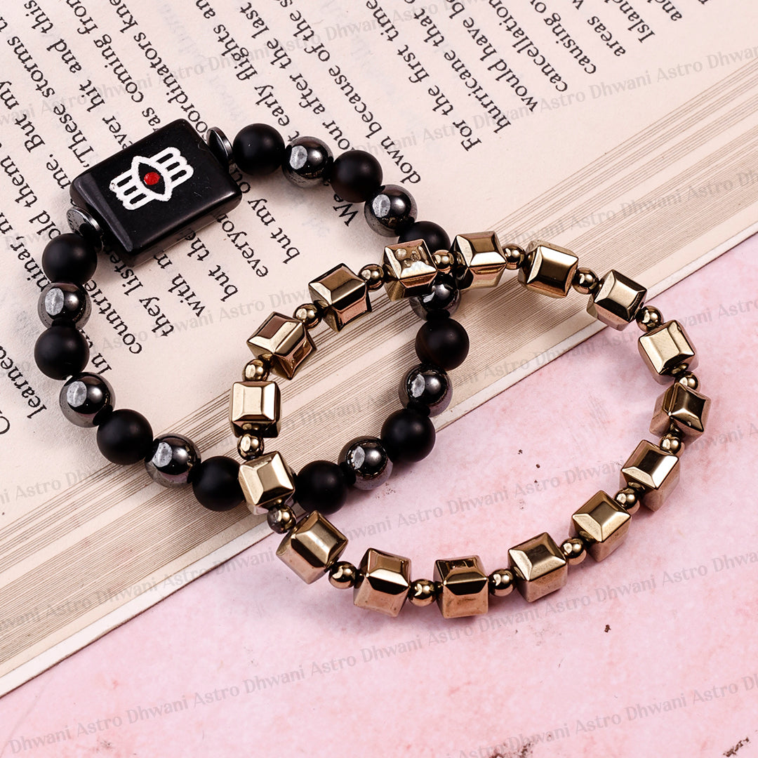 Golden Pyrite Cubical & Shiv Netra Bracelet for Wealth & Protection