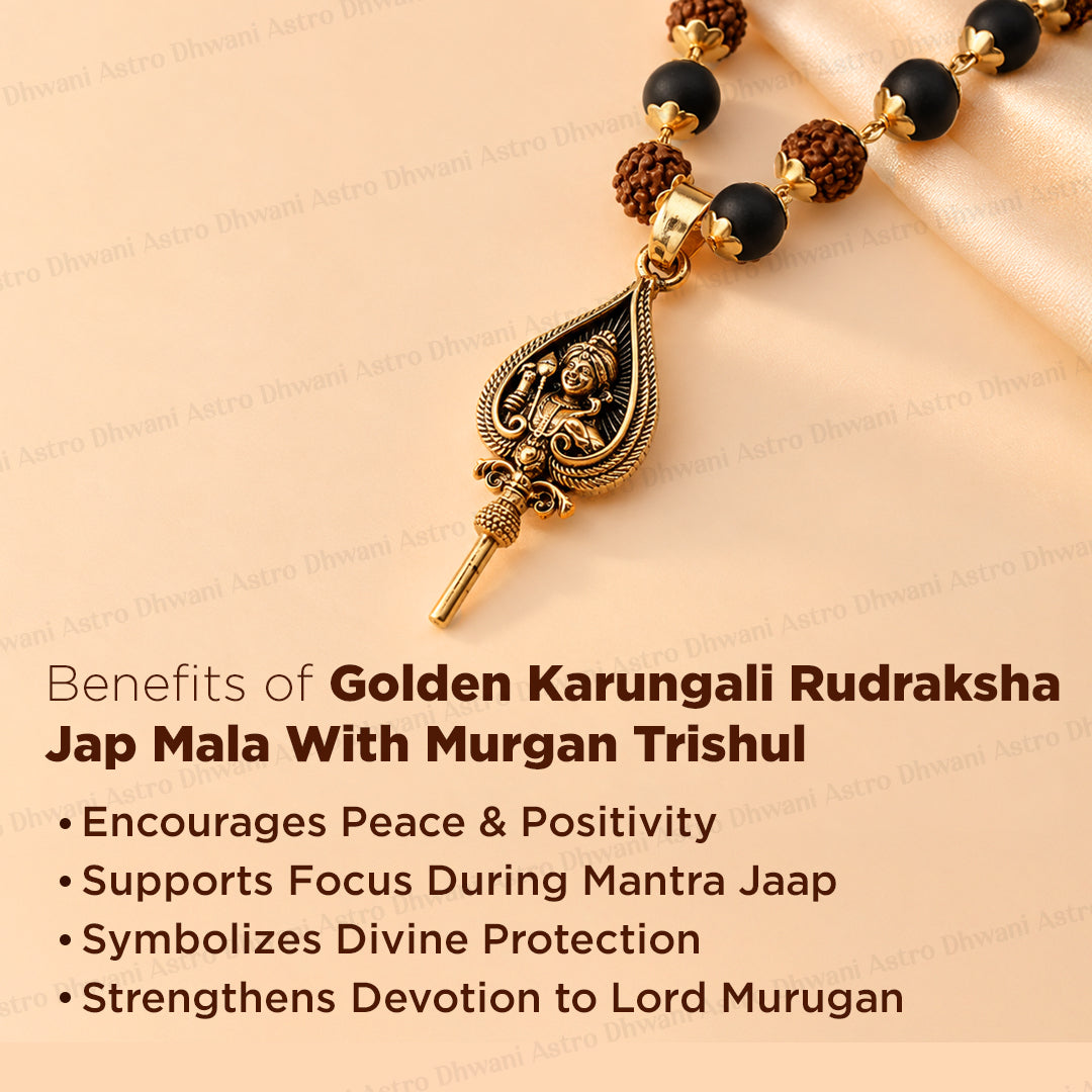 Golden Karungali Rudraksha Jap Mala With Murgan Trishul Pendant