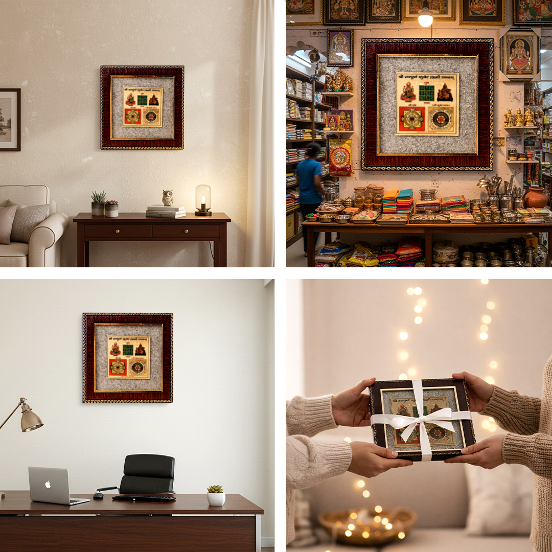 Framed artwork displayed in various settings including a home office, a store, and a cozy living room.Sampuran Kuber Laxmi Yantra Raw Pyrite Frame - Wealth & Prosperity