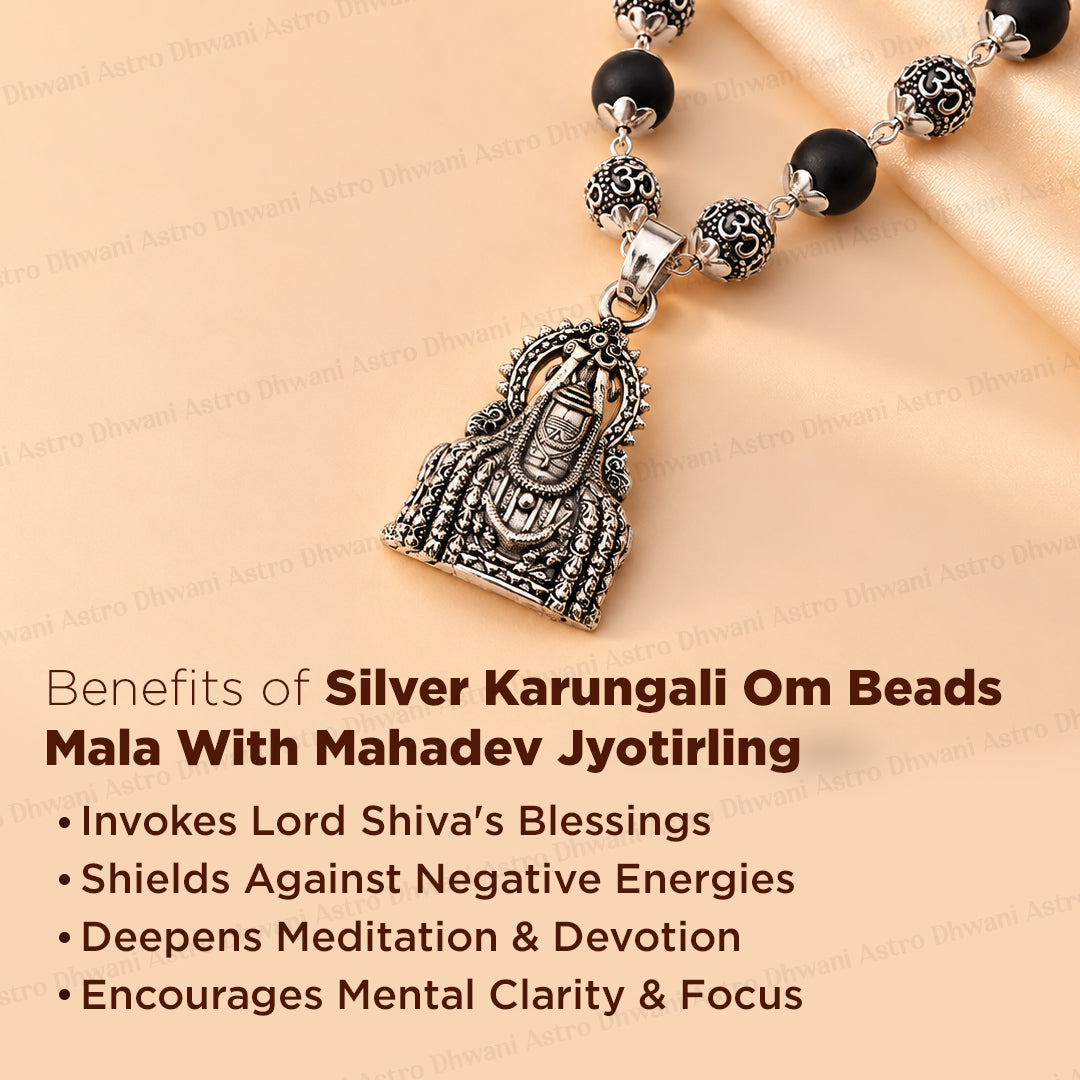 Silver Karungali OM Beads Mala With Mahadev Jyotirling Pendant