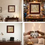 Framed artwork of a symbol in various settings including a home office, a store, and a cozy living room.