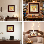 Framed artwork displayed in various settings including a home office, a store, and a cozy room with string lights.