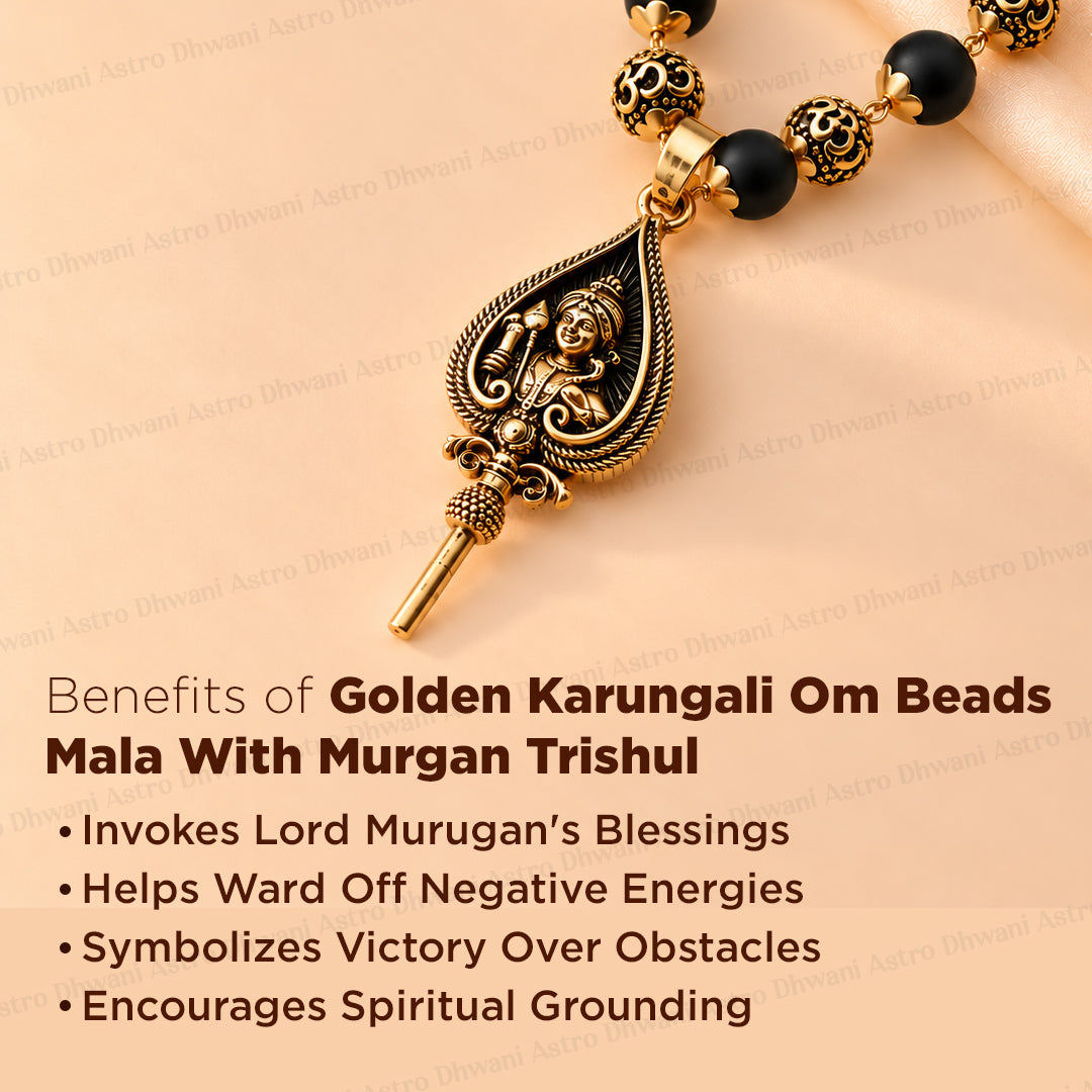 Golden Karungali Om Beads Mala With Murgan Trishul Pendant