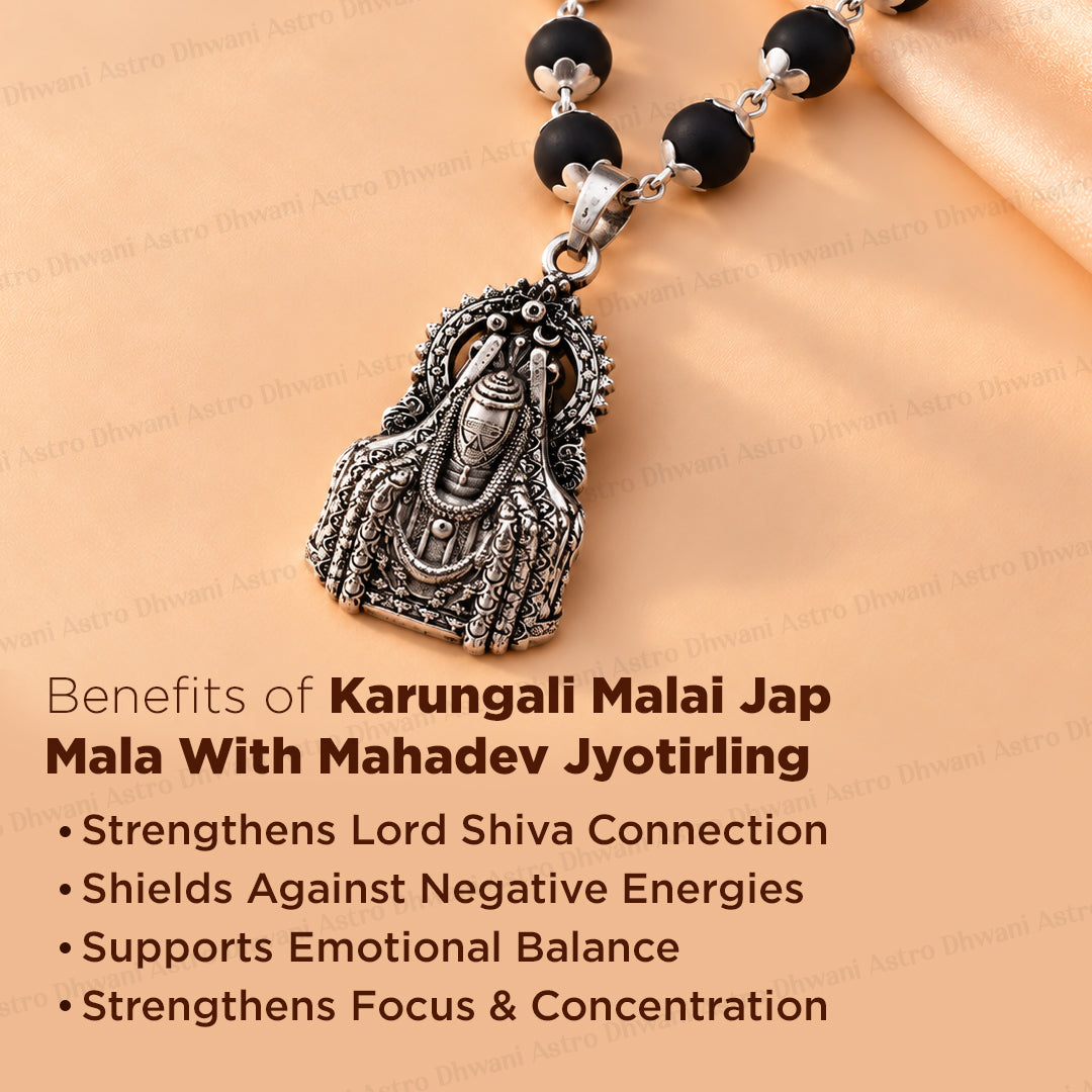 Silver Karungali Malai Jap Mala with Mahadev Jyotirling Pendant