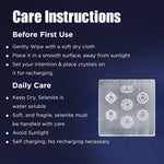 Care instructions for a crystal product with symbols on a dark blue background