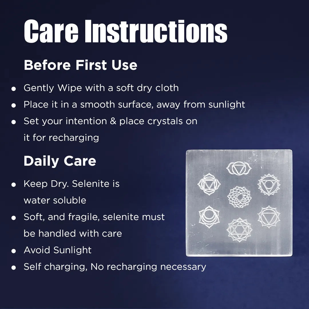 Care instructions for a crystal product with symbols on a dark blue background7 Chakra Selenite Square Plate – Perfect for Crystal Charging & Cleansing