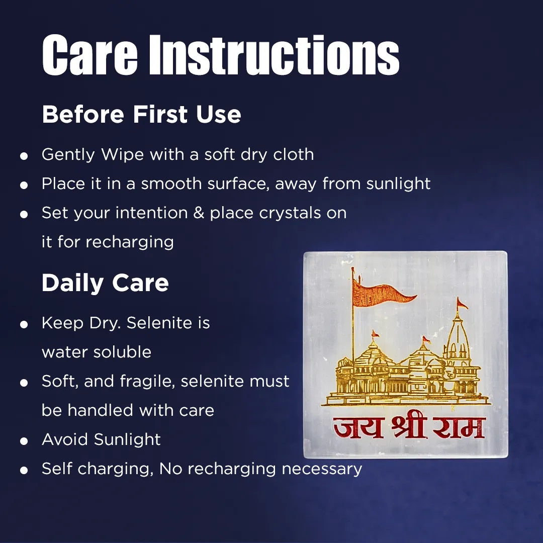 Care instructions for a decorative item with architectural design and text on a blue backgroundJai Shree Ram Selenite Plate – Square Divine Energy Charging Plate