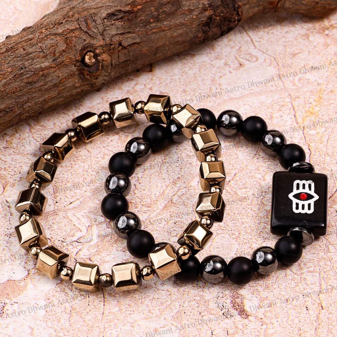 Golden Pyrite Cubical & Shiv Netra Bracelet for Wealth & Protection