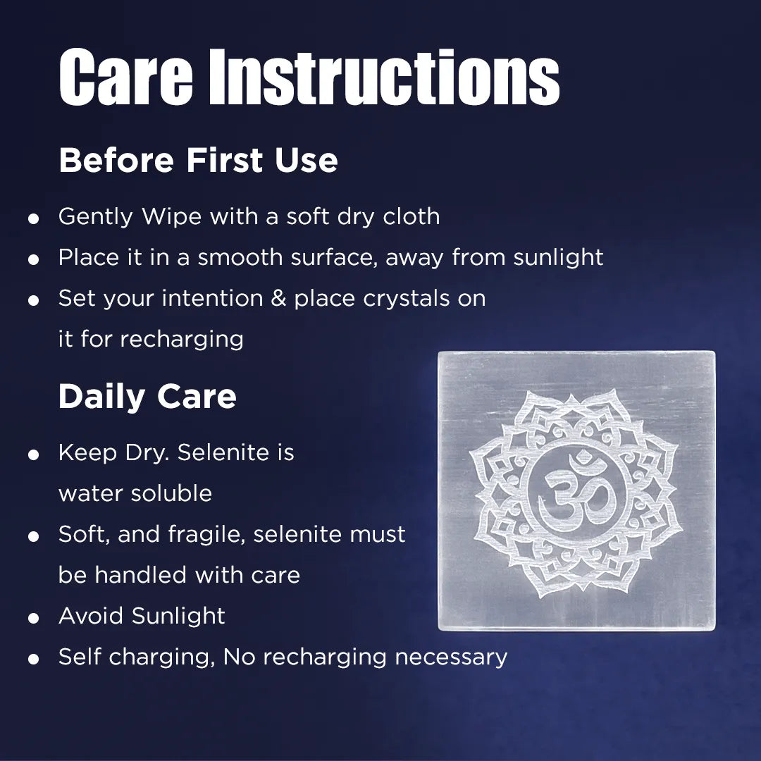 Care instructions for a crystal with an Om symbol on a dark blue background
