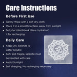 Care instructions for a crystal with an Om symbol on a dark blue background