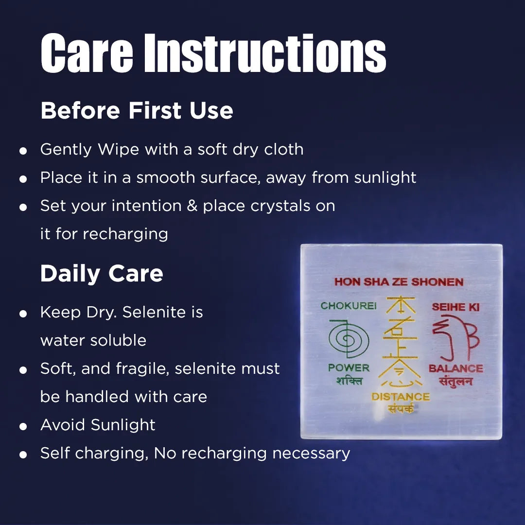 Care instructions for a crystal product with text and symbols on a dark blue background