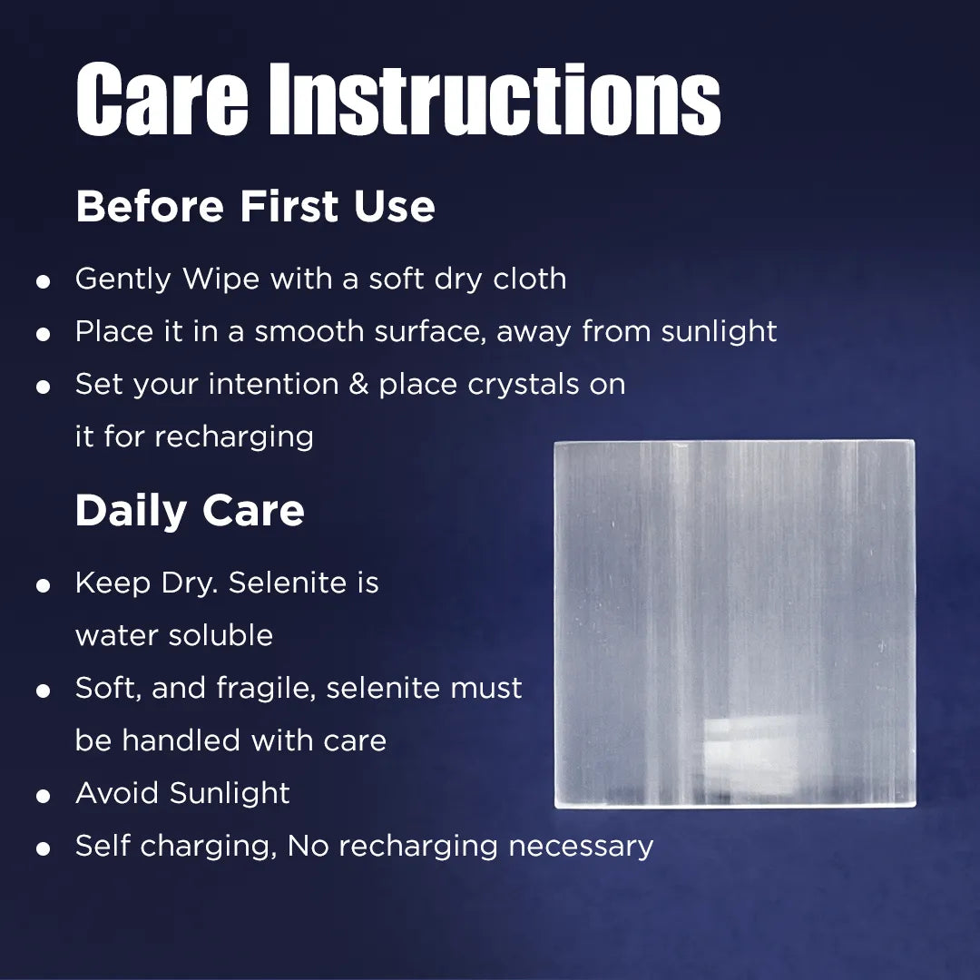Care instructions for a crystal product on a dark blue background with an image of the crystal.
