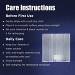 Care instructions for a crystal product on a dark blue background with an image of the crystal.