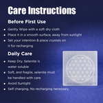 Care instructions for a crystal with a blue background