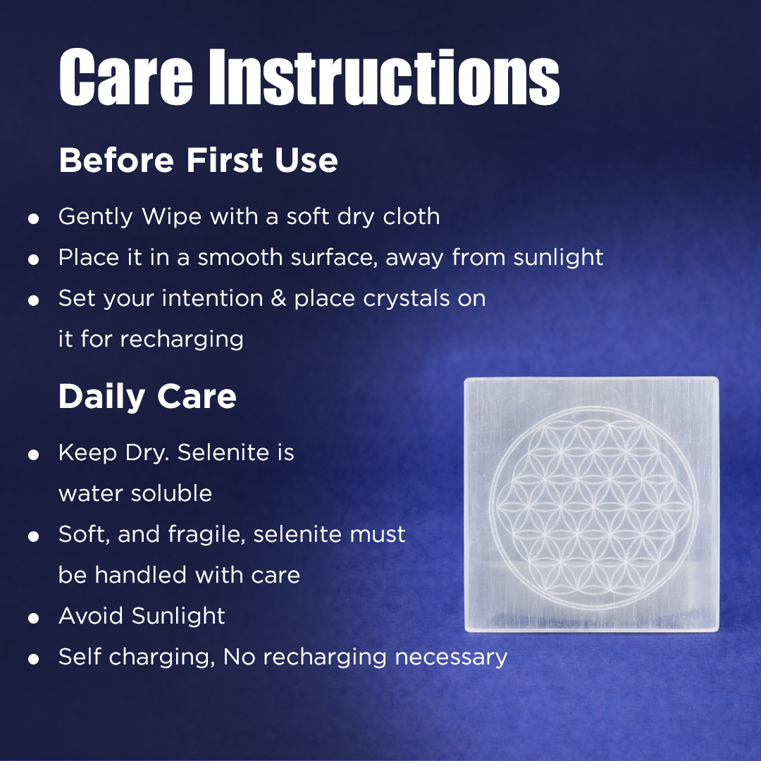 Care instructions for a crystal with a blue backgroundFlower of Life Selenite Plate - Energy Cleansing & Crystal Charging Plate