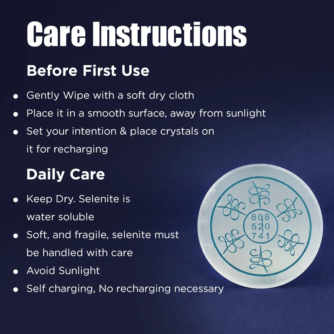 Care instructions for a crystal product with a blue background