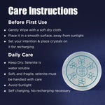 Care instructions for a crystal product with a blue background