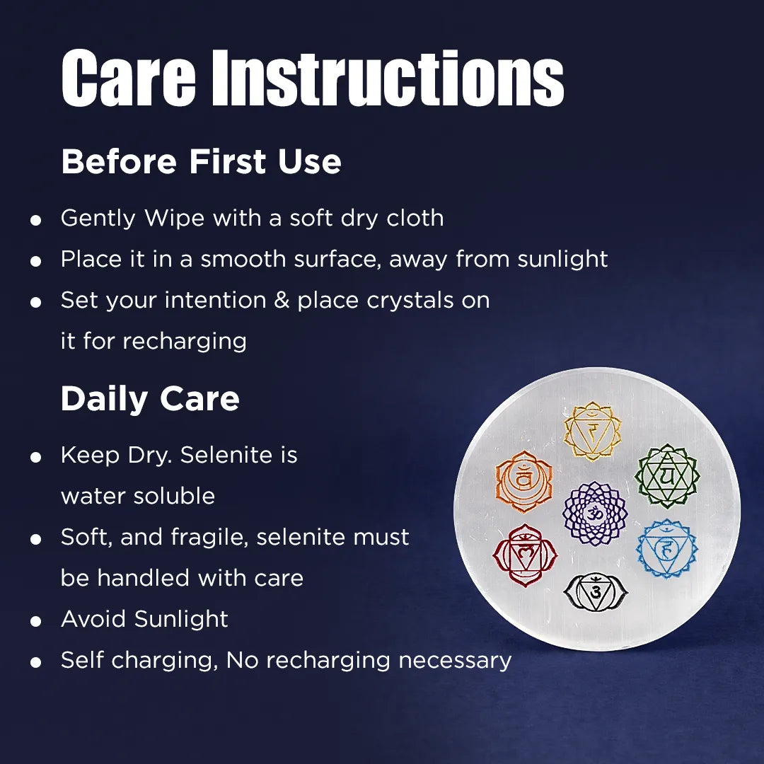 Care instructions for a selenite plate with crystal symbols on a dark blue background