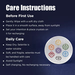 Care instructions for a selenite plate with crystal symbols on a dark blue background