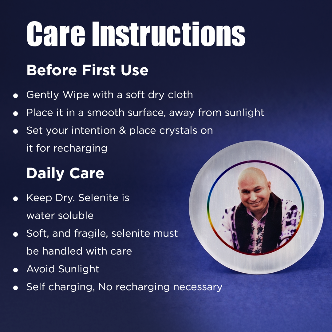 Care instructions for a product with a blue background and a plate featuring a person's face.