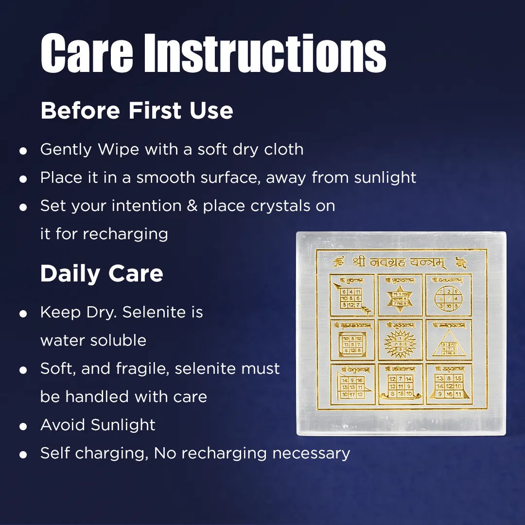 Care instructions for crystals with a selenite slab on a dark blue background