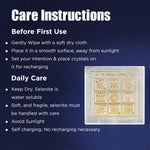 Care instructions for crystals with a selenite slab on a dark blue background