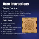 Care instructions for a crystal product with a blue background