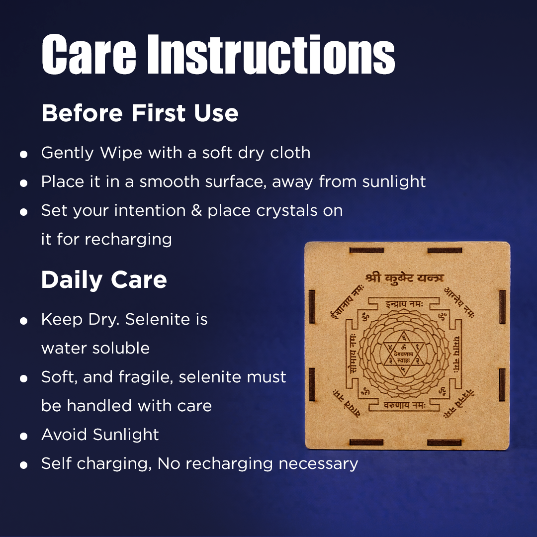 Care instructions for a crystal product with a blue backgroundप्रीमियम प्राकृतिक सेलेनाइट महा कुबेर यंत्र-अभिमंत्रित